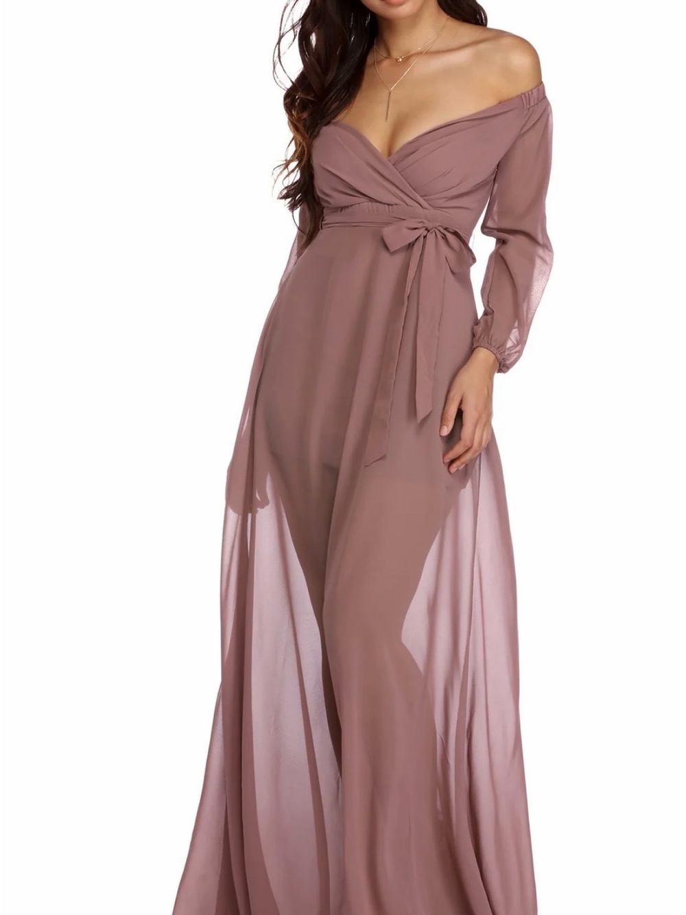 Windsor Long Sleeve Mauve V-Neck Maxi Dress